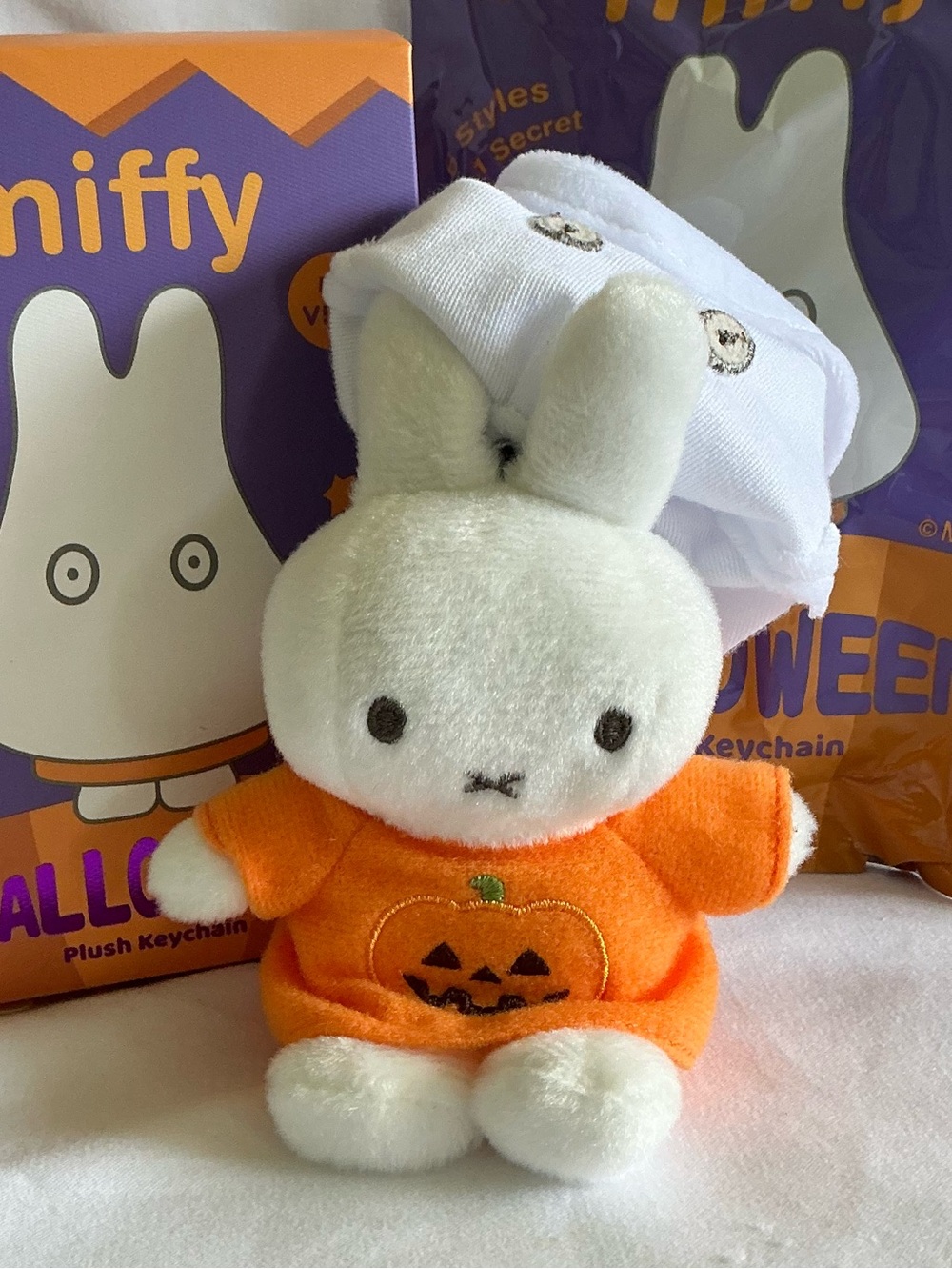 miffy White Bunny Plush in Ghost Costume and Orange Pumpkin Tee